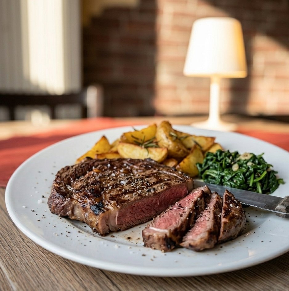Rinderfilet vom Grill mit Bratkartoffeln und Spinat